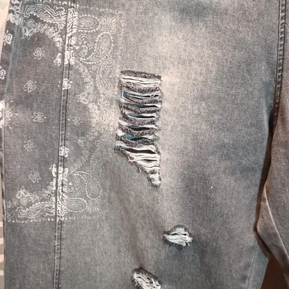 Gray Paisley Distressed Crop Denim Dungarees Bib Overall Jumper Oversized Lg - Picture 3 of 12